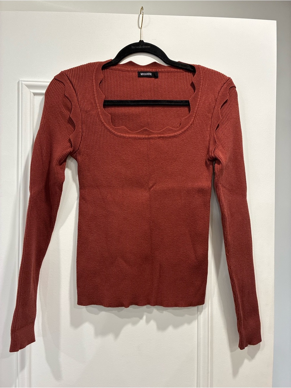 Rust Ribbed Square-Neck Long Sleeve Sweater